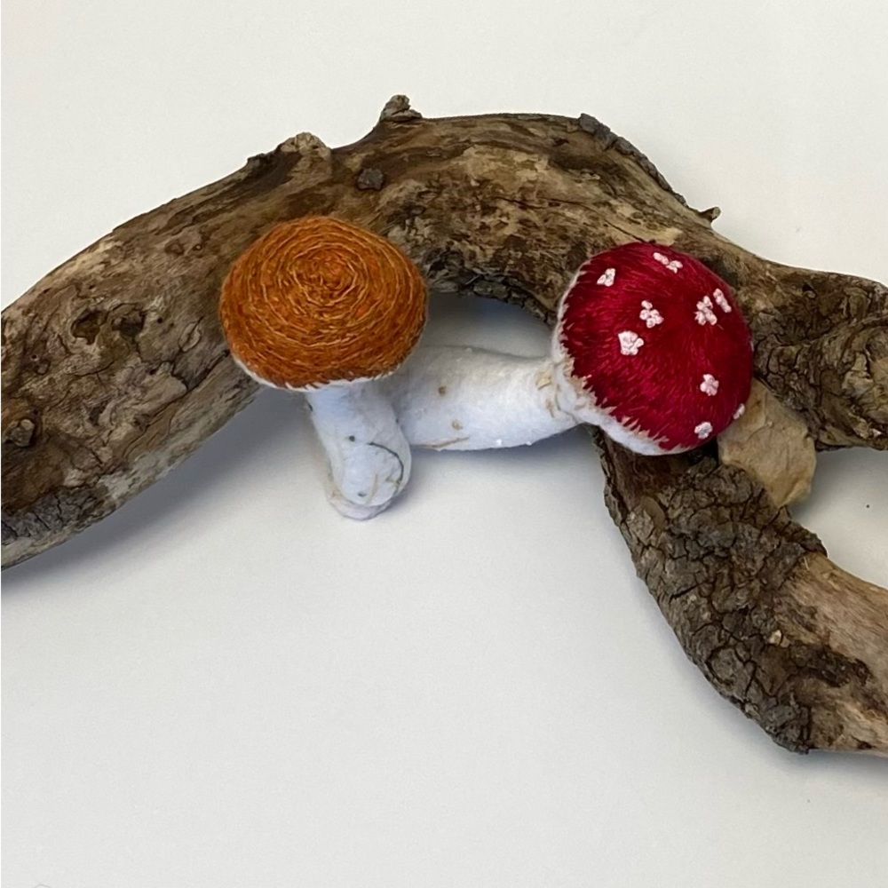 Hand Sewn Felt Mushroom Set of 2 Bowl Fillers Hand Embroidered Details - Picture 5 of 5